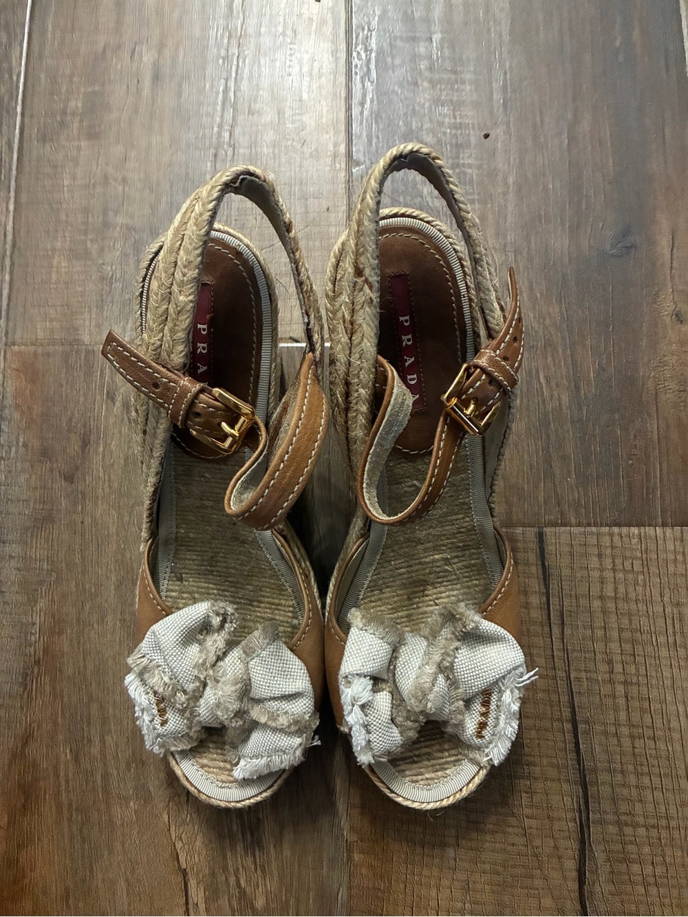 Prada Tan Leather Espadrille Wedge Sandals with Cream Bow
